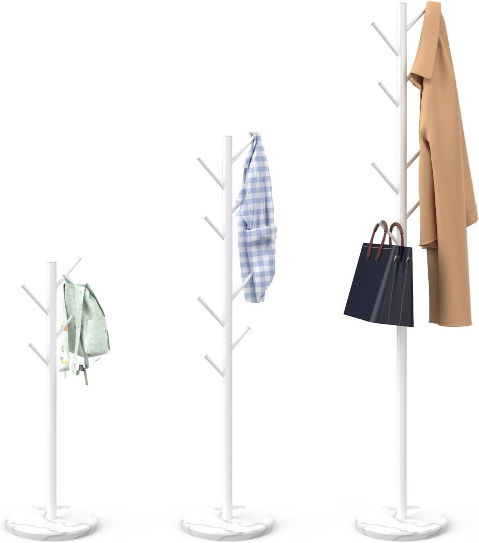 Durmmur Heavy Duty Coat Rack with Natural Marble Base, Freestanding Metal Coat Stand with 8 Hooks, Modern Stable Coat Hanger Tree for Bags, Jacket, Clothes, and Hats, White Metal