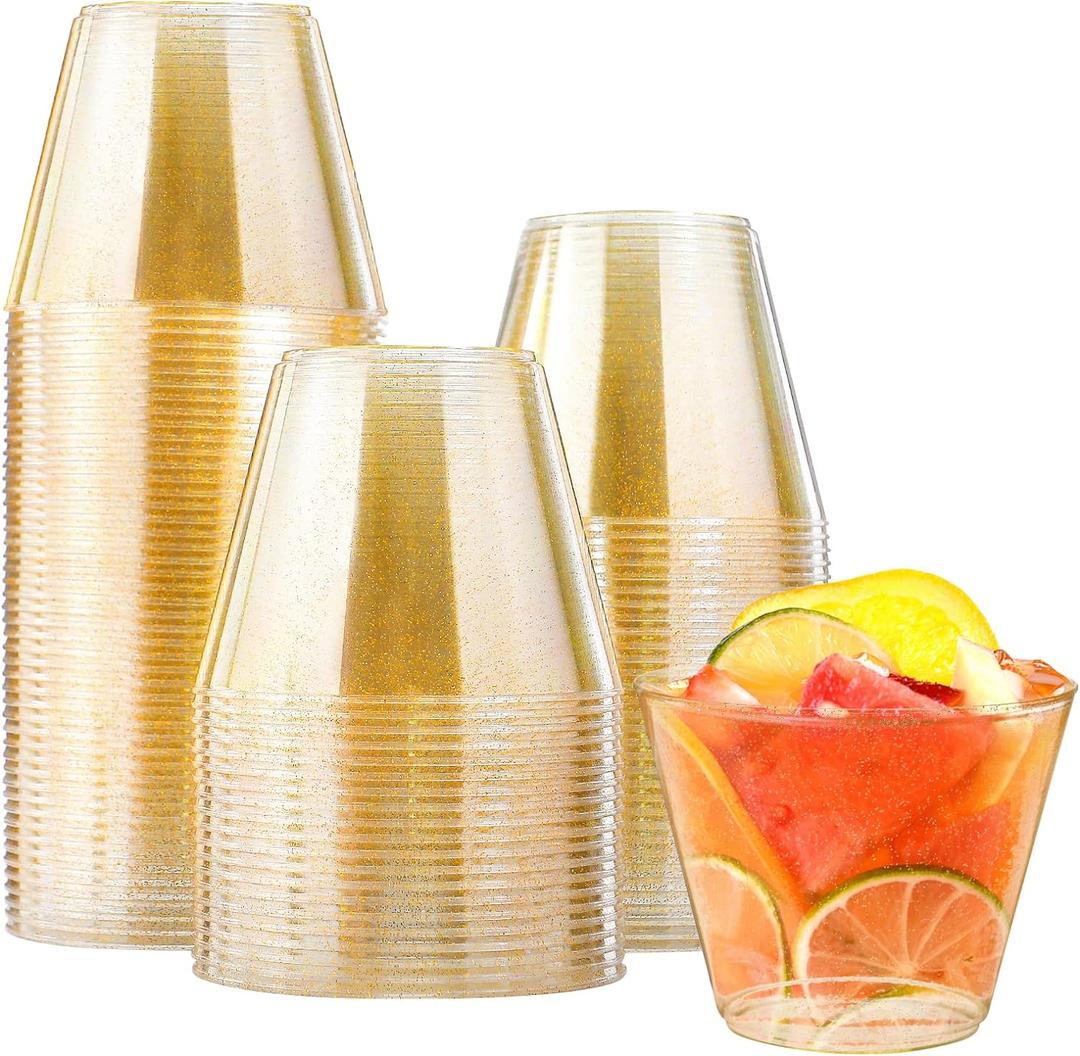 100 Count 9 oz Gold Plastic Cups, Disposable Cocktail Cup for Wedding & Party, Bulk Gold Plastic Tumblers, Fancy Disposable Party Cups for Cold Drinks