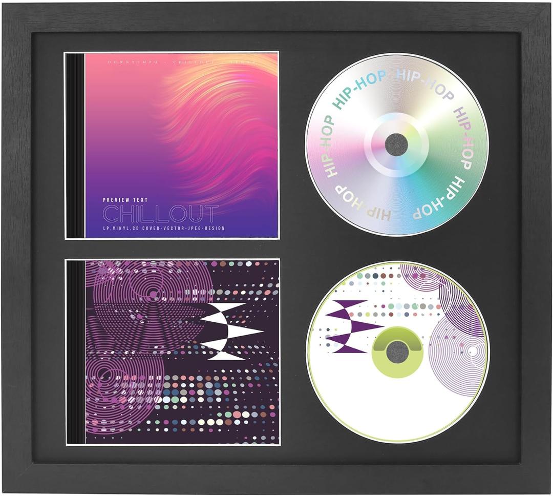 Double CD Display Frame Case 14.2"x12.8", Signed Record Discs Holder with Real Glass, Wall Hanging Music Decor, Black Mat