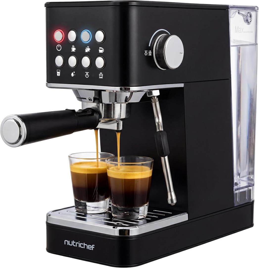 NutriChef 20-Bar Espresso Maker With Milk Frother | Removable 1.8 Quart Water Tank | Coffee Maker for Brewing Espresso, Cappuccino, Latte, Americano & Cold Brew Coffees | Black