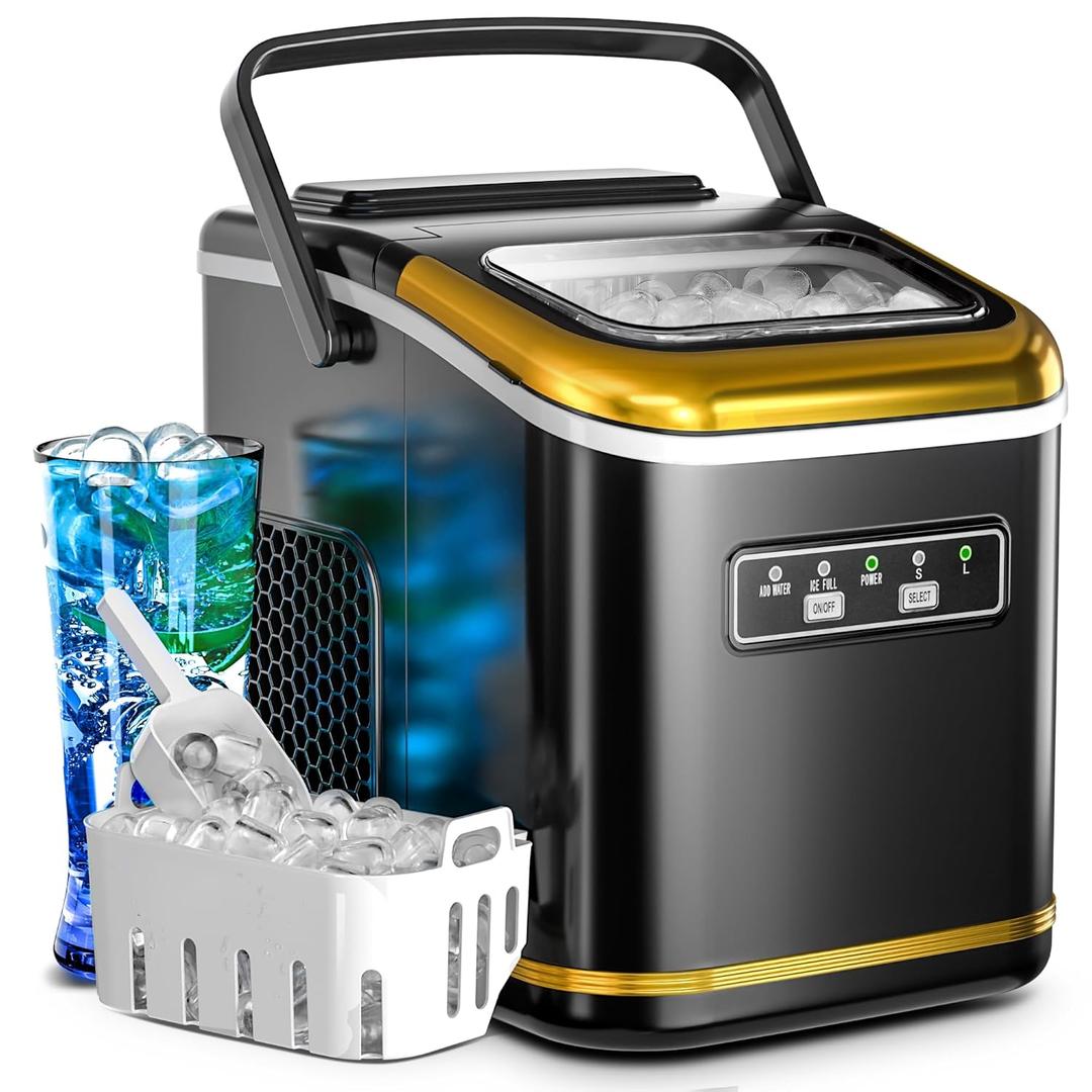 Kismile Countertop Ice Maker, 28lbs/24H Portable Ice Machine with Handle, 6 Mins/9 Pcs Bullet Ice Cubes, Self-Cleaning, Ice Basket & Scoop, Ideal for Home, Kitchen, Bar, or RV(Black)