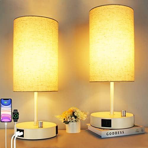 HiBay 2-Pack 17.75" Dimmable Bedside Table Lamps with 2 USB Charging Ports & AC Outlet, Modern White Nightstand Lights with Round Fabric Shade for Bedroom Living Room Office, Bulb Included