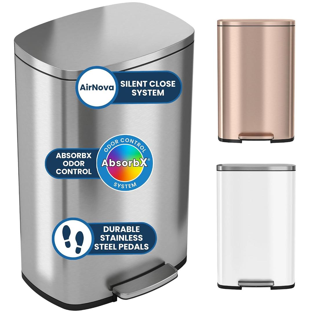 iTouchless 13.2 Gallon / 50L Step Trash Can with Lid | AbsorbX Odor Filter