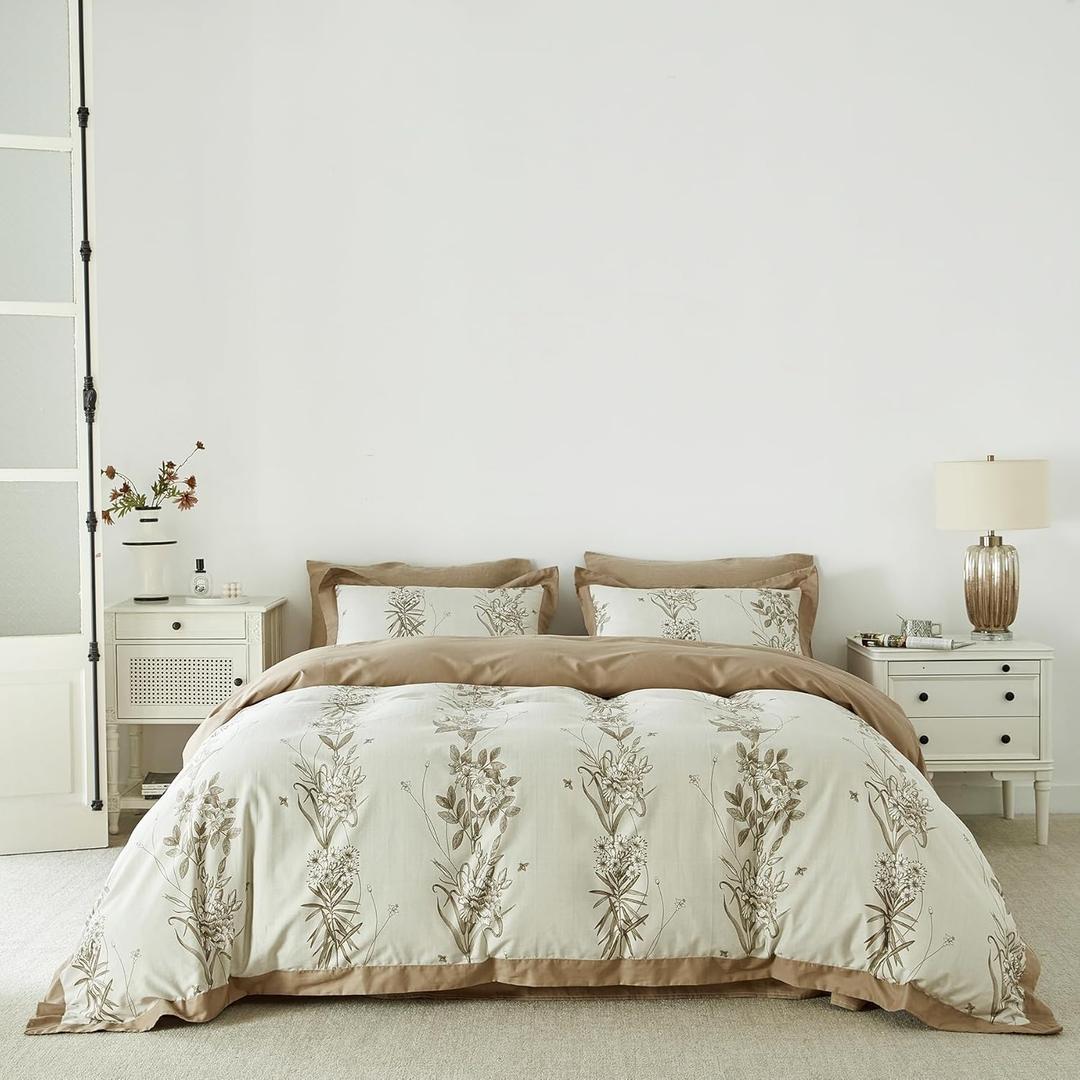 YuHeGuoJi Beige Floral Duvet Cover Queen 100% Cotton 3 Pcs Set 1 Khaki Botanical Duvet Cover with Zipper Ties 2 Pillow Shams Honeybee Taupe Flower Honeybee Print Wide Trim Bedding Set Soft