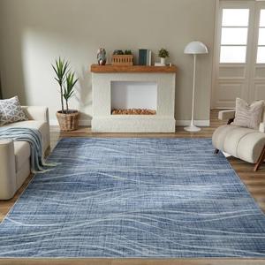 WITSHOCK Washable Rugs 8x10 Modern Area Rugs, Thin Rug for Living Bedroom Dining Room Nursery Kitchen Office, Wave Striped Rugs Indoor Carpet Soft Non Slip Stain Resistant Home Decor, Blue