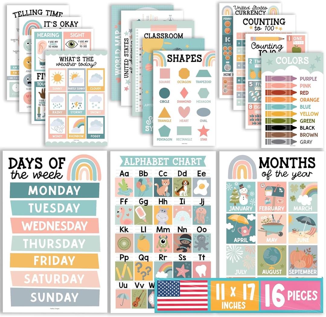 Hadley Designs 16 Educational Posters for Toddlers 1-3 - Learning Poster for Kids Ages 3-5, Alphabet Chart Playroom Homeschool Daycare & Classroom Decor, Kindergarten & Preschool Classroom Must Haves