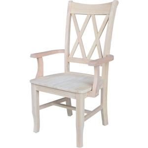 Solid Wood Double X-Back Dining Chair with Arms in Unfinished Parawood, Classic Kitchen/Dining Furniture, Stainable & Paintable, 23.6" W x 22" D x 41.3" H, Wide Arm Width, Traditional & Durable
