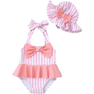 Kucnuzki Baby Girl Swimsuit Newborn One Piece Bathing Suit Bow Tie Bikini Tankini Infant Swimwear with Hat (3-6 Months, Pink Strip)