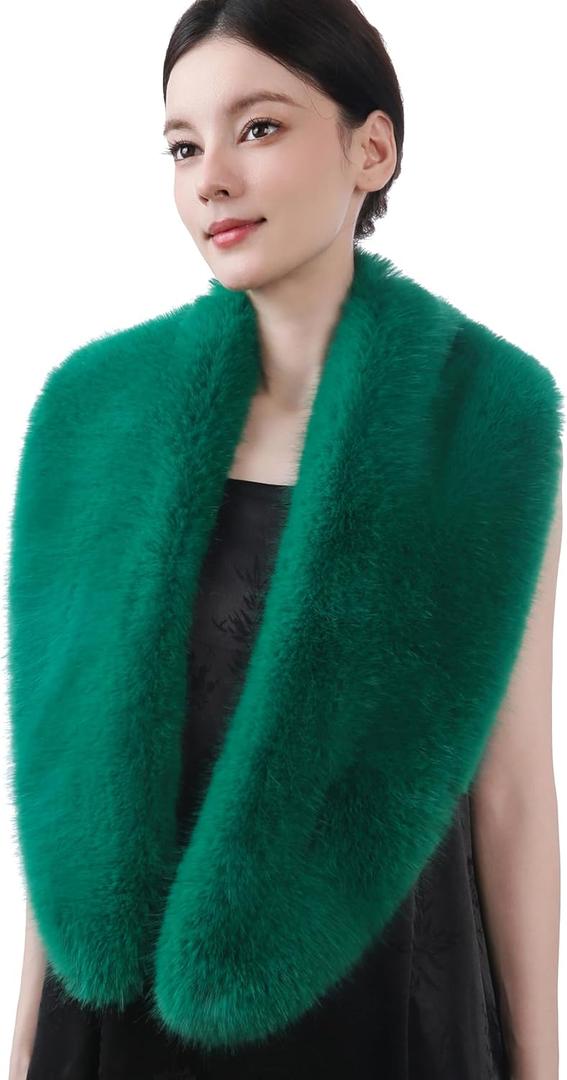 Dikoaina Women's Faux Fur Collar Scarf Wrap  Winter Warm Shawl Cape Elegant Neck Warmer for Ladies (120cm, Light Green)