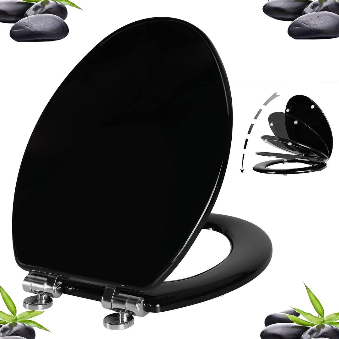 Angel Shield Toilet Seat with Zinc Alloy Hinges Quiet-Close Quick-Release Wood Molded UV Lid Easy Clean (Elongated,Black)