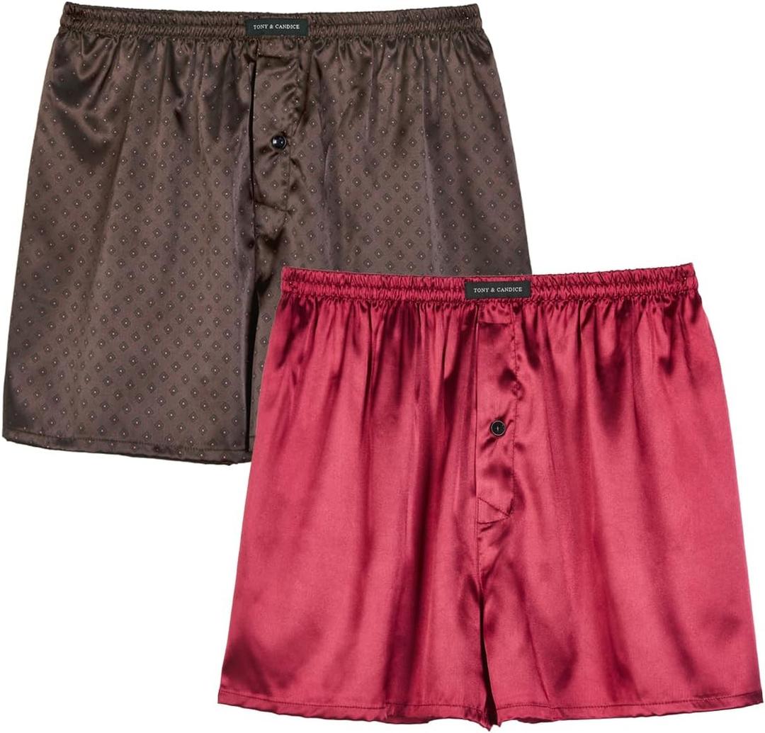 Men's Satin Boxer Briefs Pack, Silk Feeling Sleep Shorts Underwear with Fly for Men (Large, Multi7-2 Pack)