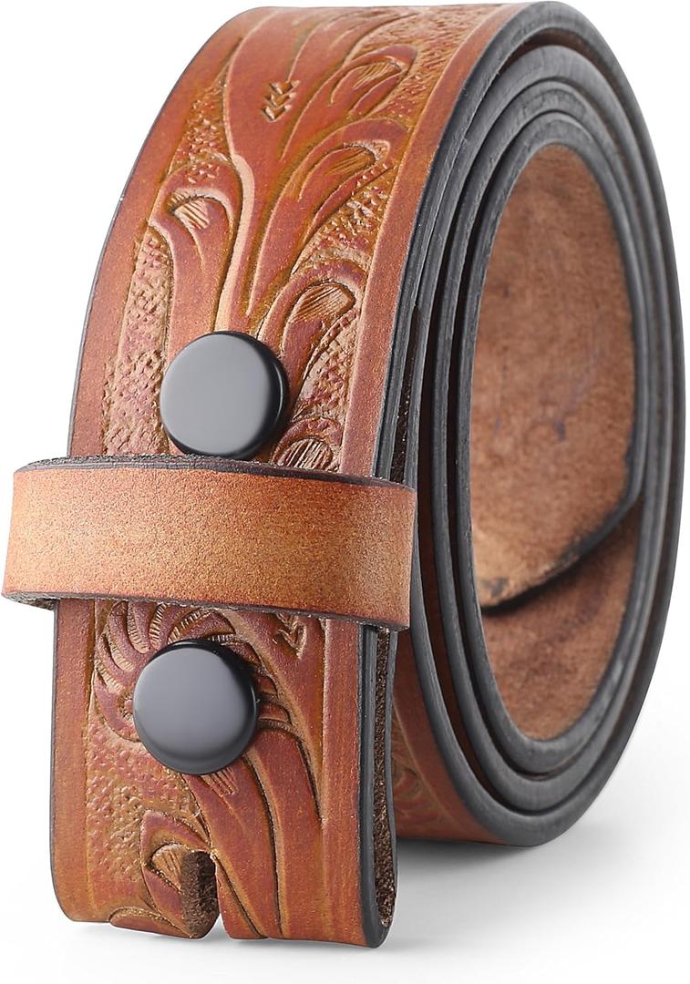 Western Belt without buckle for men  Full Grain Leather Cowboy Belts for jeans - One Piece Leather strap belt (Brown)