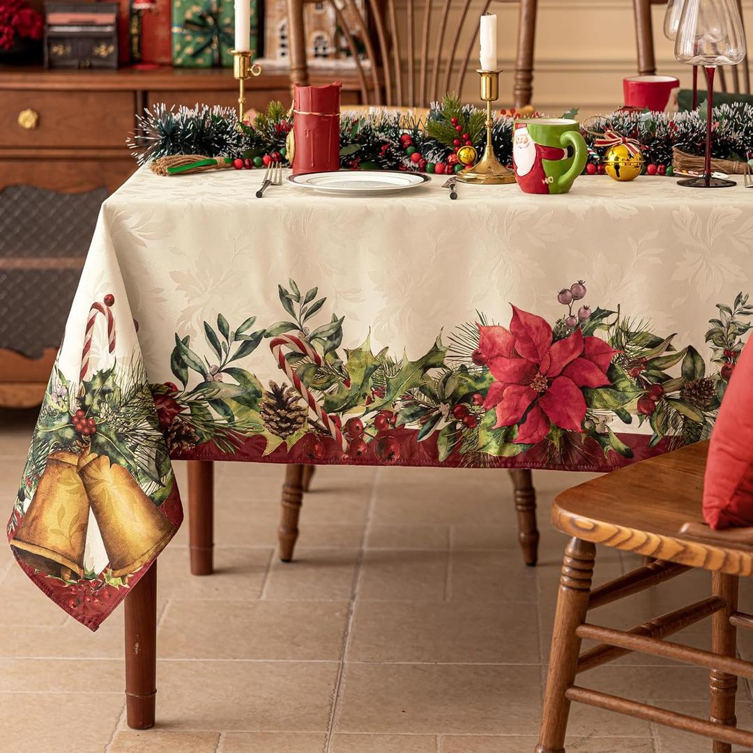 Softalker Christmas Rectangle Jacquard Tablecloth with Red Flower Bell, Polyester Poinsettia Vintage Floral Printed Table Cloth for Xmas Party Decoration/Holiday (60x120 Inch)