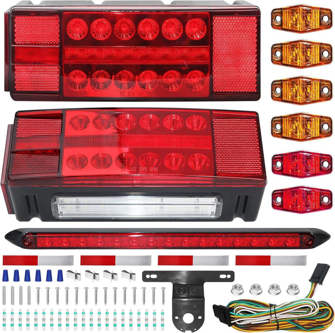 Boat Trailer Light Kit, IP68 Submersible LED Trailer Tail Lights with 3rd Brake Light Bar, Stop Turn License Side Marker Lights, 25FT Wiring Harness, DOT FMVSS108 for Over 80" Truck RV Camper