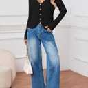 Womens Cardigan Sweaters Trendy Cropped Button Up Long Sleeve V Neck Loose Boho Casual Knit Tops Fall Outfits (Black)