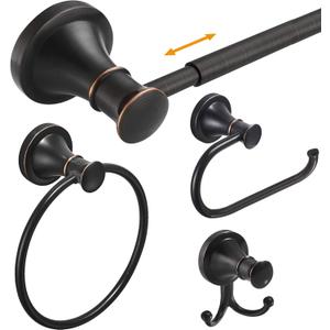 Hoimpro Oil Rubbed Bronze Bathroom Accessory Set, 4-Piece Wall Mount Hardware with Adjustable Towel Bar Rack, Towel Ring, Paper Towel Holder, Double Towel Hooks
