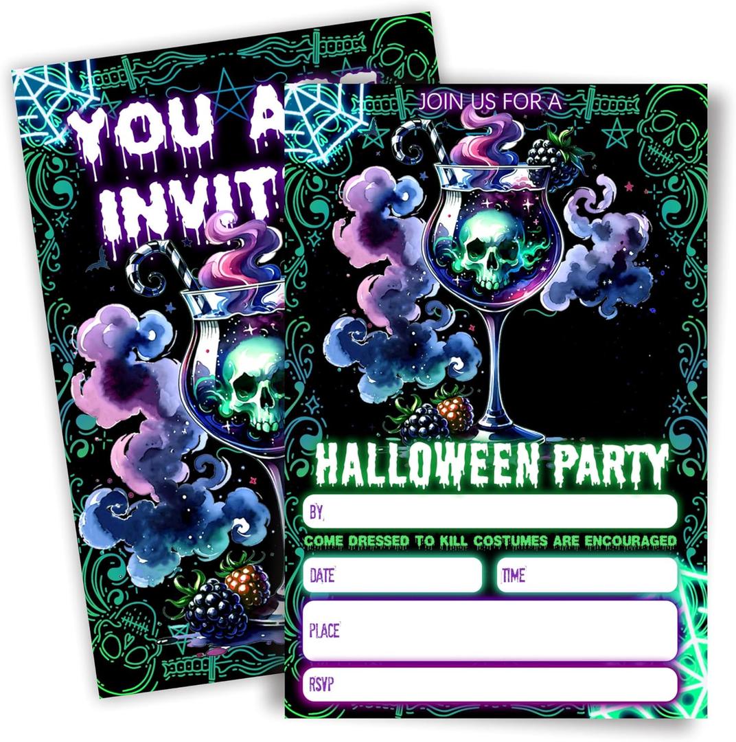 4" x 6"Halloween Invitation Card - 20 Fill-in Cards With Envelopes Wine Glass Skull Pattern Party Invitation Card - Applies To Costume Party, Scary, Birthday Invite Cards, Party Supplies - A06