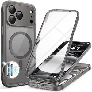 BERFY for iPhone 17 Pro Case, Compatible with MagSafe, Built-in Glass Screen Protector, Camera Protection, Shockproof Full Body Phone case 6.3", Clear Grey