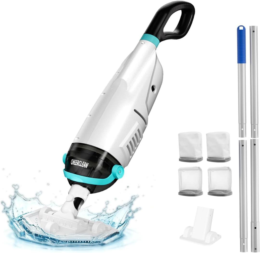 Cordless Handheld Pool Vacuum for Above Ground Pool - 26.5GPM Real Suction,Time-Saving Directional-Control,1H Runtime,2 Vac Heads &4 Filter Bags for Hot Tubs & Inground Pools-White