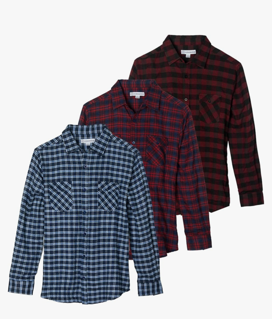 Real Essentials 3 Pack: Men's Long-Sleeve Flannel Button Down Plaid Casual Shirt, 4XL