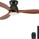 VONLUCE 42 Inch Ceiling Fan with Lights, Flush Mount Wood Ceiling Fan and Remote, 6-Speeds Quiet Reversible DC Motor, 3CCT, Natural Wood 3 Blades Outdoor Ceiling Fan for Patios Farmhouse, Black