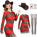 3 Pcs Halloween Costume for Women Red Green Striped Costume with Hat Fishnet Stockings Scar Stickers Cosplay Killer (Large)
