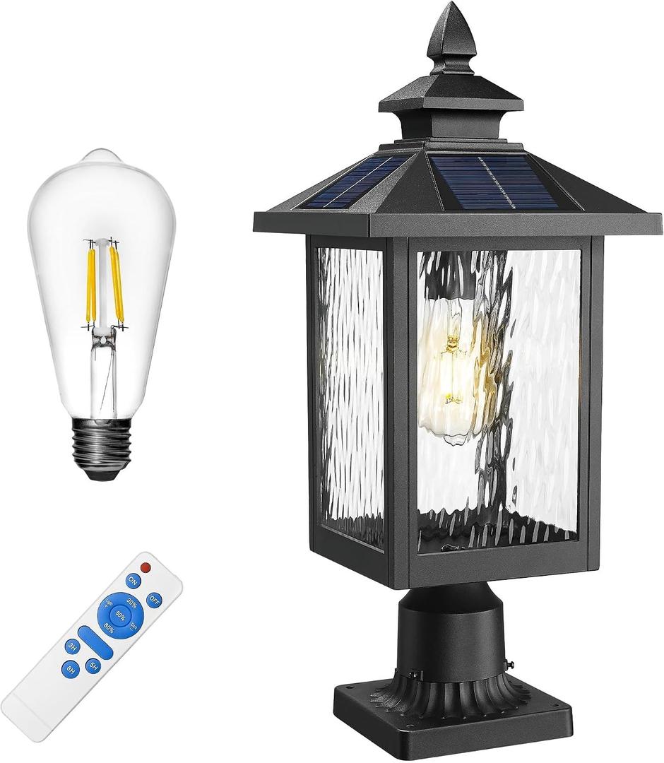 FEMILA Solar Post Lights Outdoor, 20" Dusk to Dawn Outdoor Column Lights Aluminum Glass Solar Lamp Post for Garden Patio Driveway, with Remote Control, 4FYX88P-L SL BK SW, 19.7"