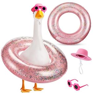 Sunnymove Summer Goose Outfit with Hat, Glasses and Sequin Swimming Ring Hawaiian Porch Goose Clothes Funny Geese Costume for Summer Outdoor Statues Garden Yard Decor(Rose Red)