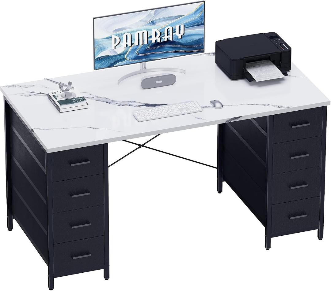 Pamray 47 Inch Computer Desk with 8 Fabric Drawers PC Gaming Desk Home Office Study Work Writing Table for Bedroom Marble