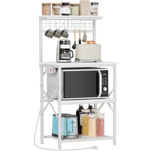 Furologee Kitchen Bakers Rack with Power Outlet, Microwave Oven Stand with Storage 4 Tiers, Coffee Bar Table with 6 S Hooks, Kitchen Storage Shelf Rack for Spices, Pots, White