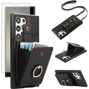 Phone Case for Samsung Galaxy S25 Ultra 5G Wallet Cell Cover with Screen Protector Crossbody Strap Ring Stand RFID Credit Card Holder Protective Leather S25Ultra 25S S 25 25Ultra Women Girls Black