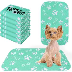 BEAUTYZOO 6 Pack Washable Pee Pads for Dogs, Reusable Puppy Pads for Potty Training, Waterproof Super Absorbent Whelping Pads Mats Non Slip Against Urine for Small Medium Dogs Cats, 16" x 24" (Aqua Blue)