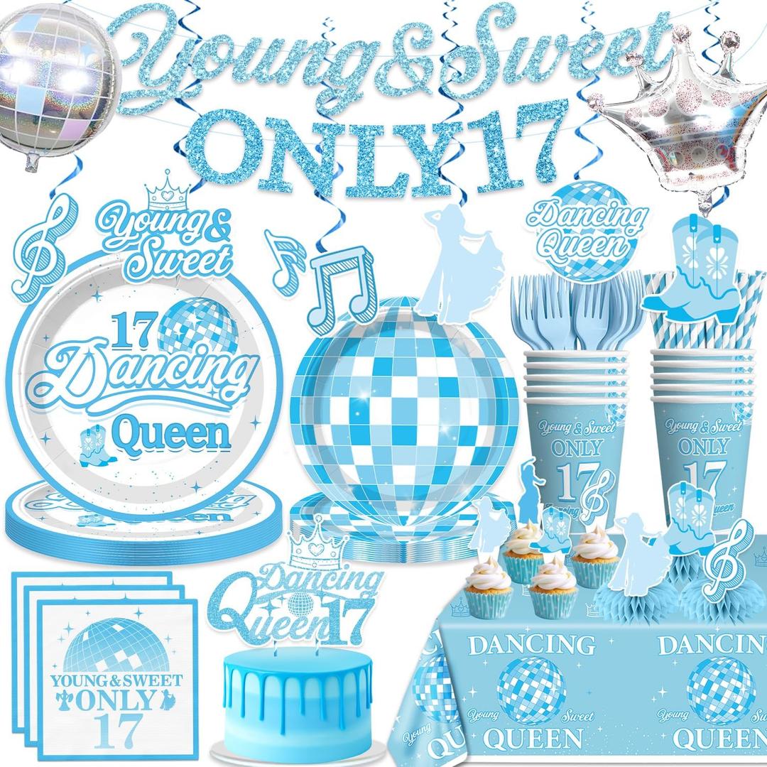 Xynic 182Pcs Dancing Queen Party Decorations 17, Dancing Queen Tableware Set with Plates and Napkins Serves 25, 2 Tablecloths, Pre-strung Banner, and Cake Toppers for 17 Birthday Decorations for Girls