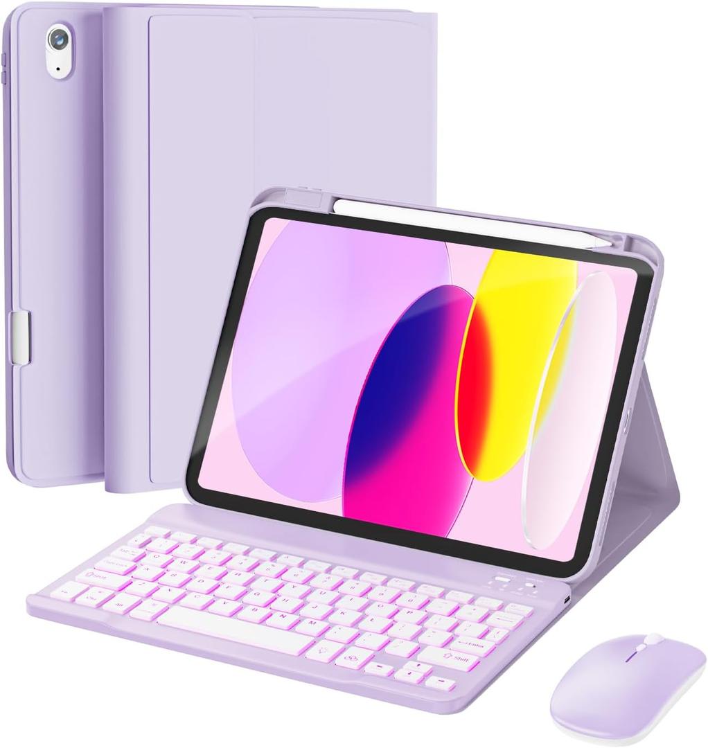 RAYMCRAFT for iPad 11th (A16, 2025) / 10th Generation Case with Keyboard, Mouse and Detachable Wireless Keyboard, 7-Color Backlight, Slim Case with Pencil Holder, Light Purple