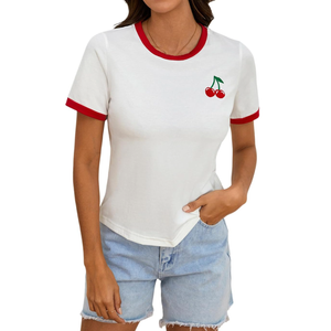 Women's Cherry Embroidery Print Shirt Contrast Color Neck Tee Short Sleeve Graphic Casual T Shirt Summer Tee Tops XL