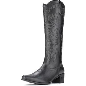 IUV Cowboy Boots For Women Knee High Western Cowgirl Boots Snip Toe Side Zipper Chunky Heel 9