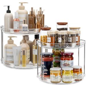 LAMU 2 Pack 2 Tier Lazy Susan Turntable Organizer 9.25'' Rotating Spice Rack Organization for Cabinet, Kitchen, Pantry, Countertop, Bathroom, Vanity, Medicine Cabinet Organizer, Clear
