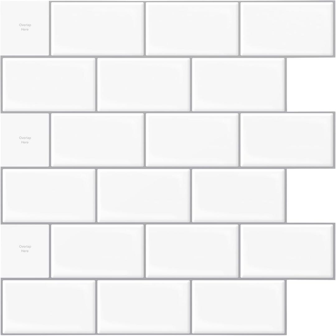 Art3d 10-Sheet Peel and Stick Backsplash, 12 in. x 12 in. Subway 3D Wall Panels, Mono White with Gray Grout