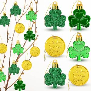 48pcs St Patricks Day Decorations Shamrock Ornaments and Gold Coins for Tree, Good Luck Clover Coins Hanging Decorations for Home School Office Irish Festival Party Supplies, 4 Style