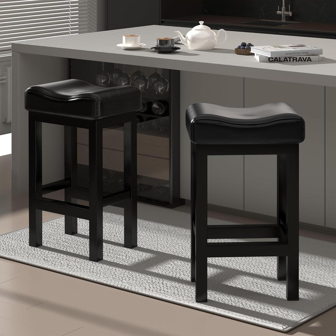 Bar Stools Set of 2, 30 Inch Counter Height Bar Stools for Kitchen Island, Faux Leather Thick Saddle Seats & Heavy Duty Metal Base, Easy Assembly (Black,30 inch)