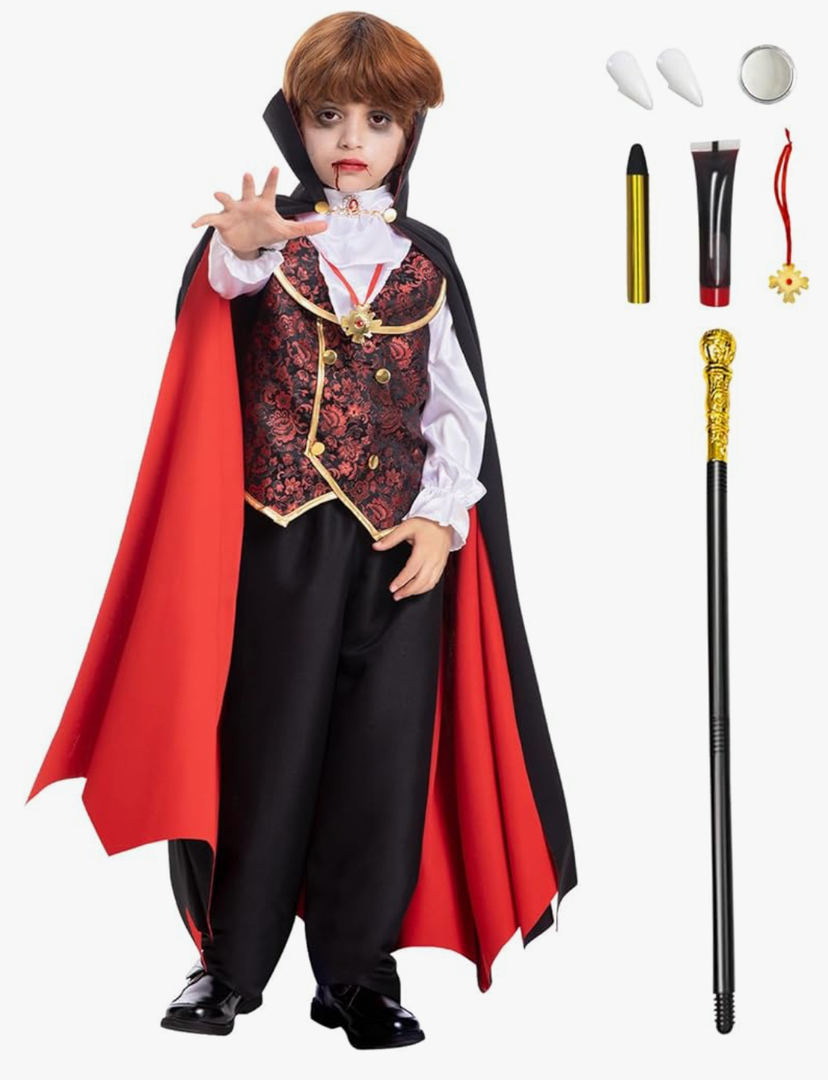 Fooecor Boys Vampire Costume - Scary Halloween Party, Teeth, Cane & Cosmetic Kit Included Small Kids