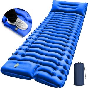 FUN PAC Camping Sleeping Pad, Ultralight Camping Pad with Pillow Built-in Foot Pump Inflatable Sleeping Mat Compact for Camping Backpacking Hiking Traveling - Blue, Single