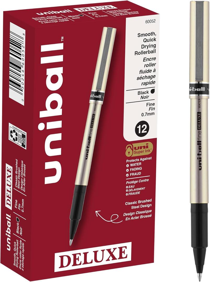 Uni-ball Deluxe Rollerball Pens, Fine Point (0.7mm), Black, 12 Count