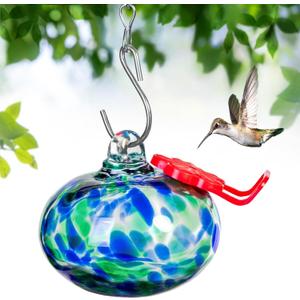 Small Hummingbird Feeder for Outdoors,Hand Blown Glass Humming Bird Feeders with Perch,Leak-Proof,Perfect for Windows, Gardens, Patios & Backyard (Dotted Blue)