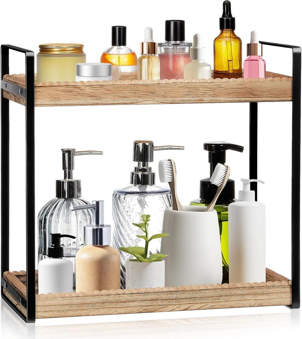 Bathroom Countertop Organizer, 2 Tier Wood Bead Vanity Organizer Tray for Bathroom Cosmetic Skincare Perfume Kitchen Coffee Station Organization(Brown,Classic)