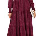 PRETTYGARDEN Women's Fall Spring Midi Dress Long Sleeve Floral Smocked Elegant Wedding Guest Long Flowy Dresses with Pockets (X-Large, Wine Red)
