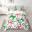 Erosebridal Green Red Ribbon Bow Full Bedding Set 7 Piece Xmas Coquette Bed in A Bag with Sheets Christmas Style Comforter Set for Kids Adults,Polka Dots Bed Sets