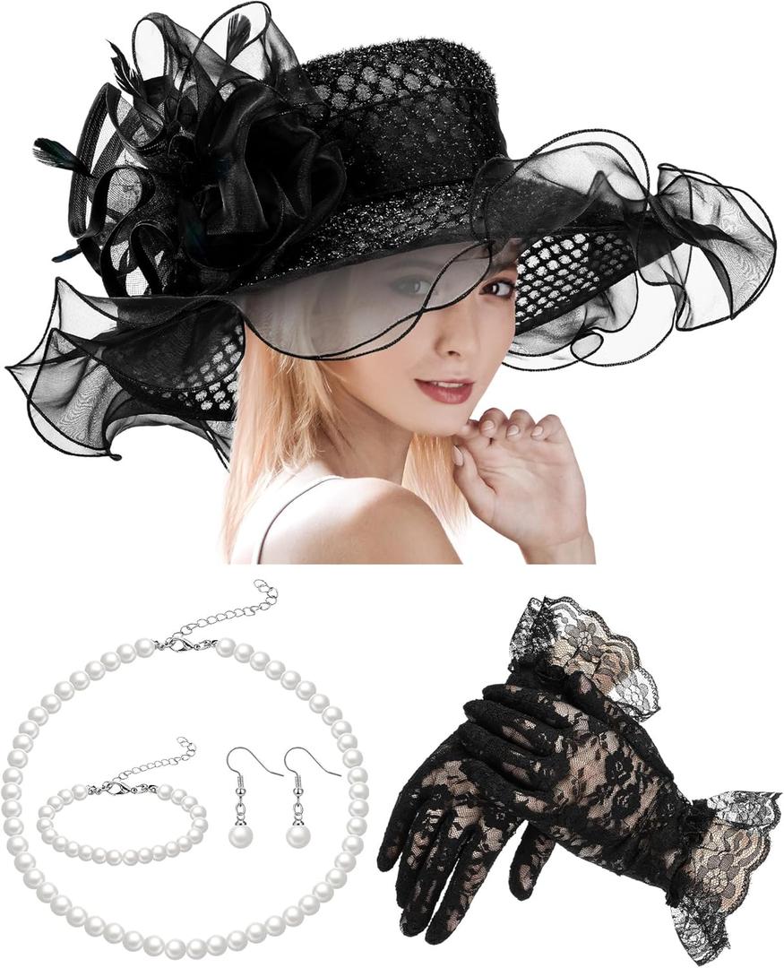 Derby Hat for Women 2026 Wide Brim Organza Sun Church Hat Set Feather Floral Fascinator for Tea Party Wedding Derby (Black)