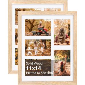 KINLINK 11x14 Collage Picture Frame, Natural Solid Wood frames for 5Pcs 4x6 Pictures with Mat or 11x14 without Mat for Wall Display, Set of 2