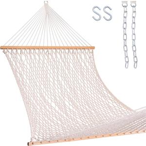 Lazy Daze Hammocks 12FT Double Rope Hammocks, 2 Person Hand Woven Cotton Hammock with Spreader Bar for Outdoor, Indoor, Patio, Poolside, FIT 13-15 Foot Stand, Max 450 Lbs, Natural, 141 x 57 inches